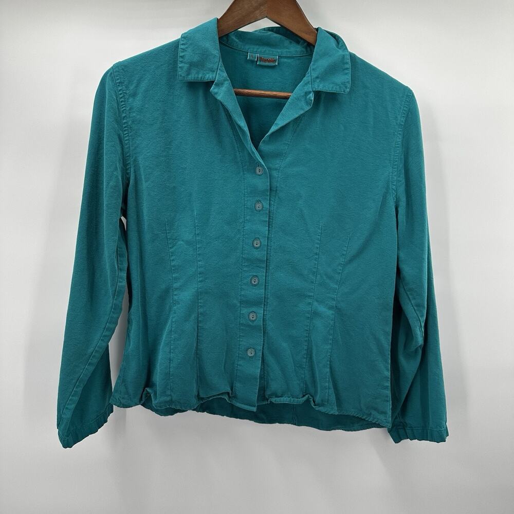 Tianello Top Shirt Womens Small Blue Teal Rayon Button Front Resort Tropical Art